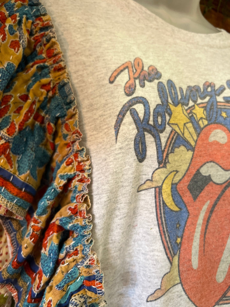 Retro Rolling Stones ruffle sleeves kantha tee - Main Street Threads