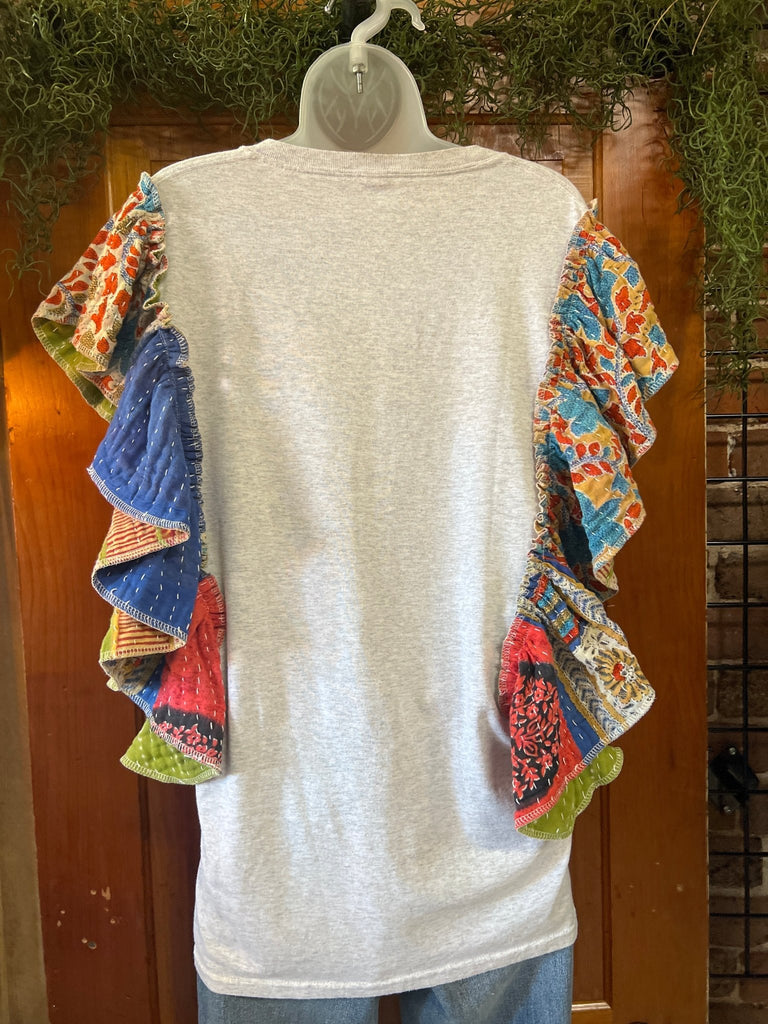 Retro Rolling Stones ruffle sleeves kantha tee - Main Street Threads