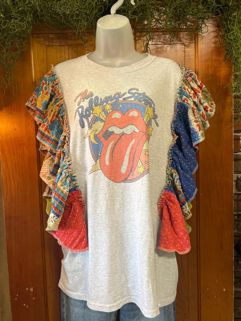 Retro Rolling Stones ruffle sleeves kantha tee - Main Street Threads