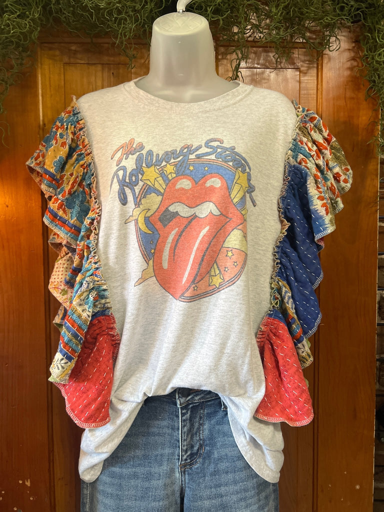 Retro Rolling Stones ruffle sleeves kantha tee - Main Street Threads