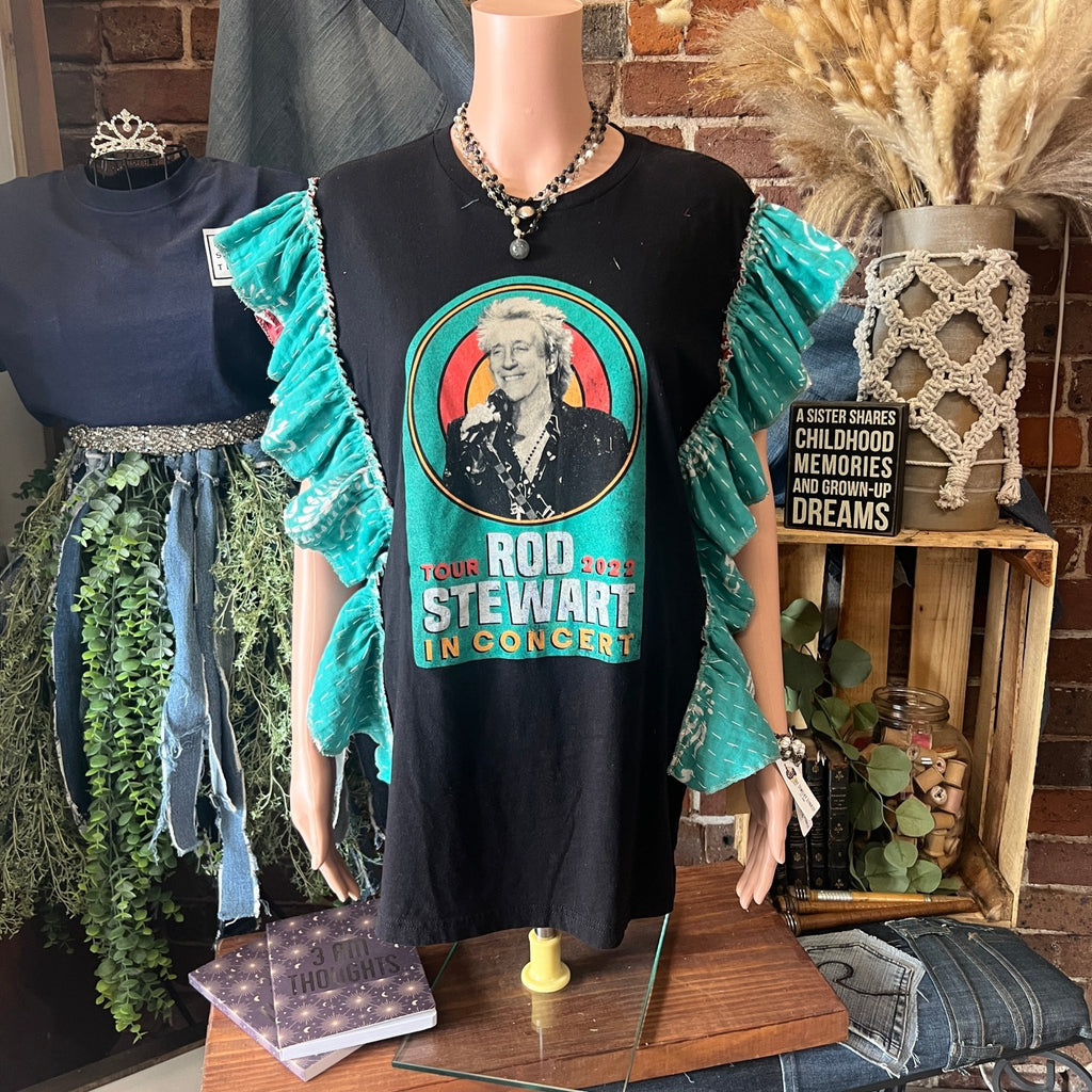 Rod Stewart upcycled Kantha ruffle sleeve festival tee - Main Street Threads