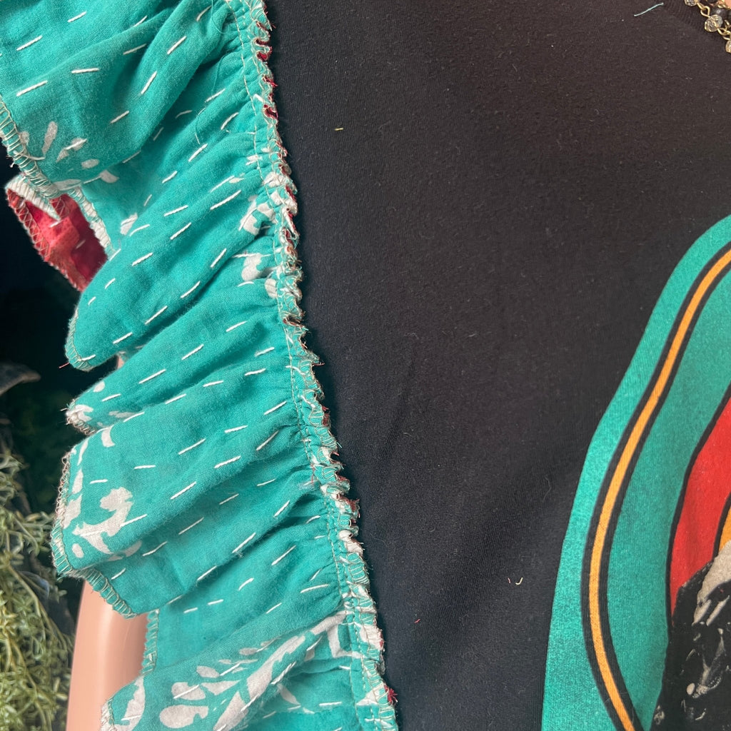 Rod Stewart upcycled Kantha ruffle sleeve festival tee - Main Street Threads
