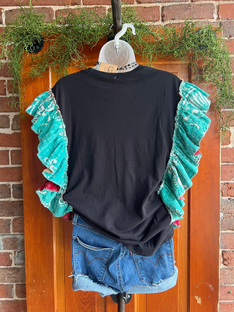 Rod Stewart upcycled Kantha ruffle sleeve festival tee - Main Street Threads