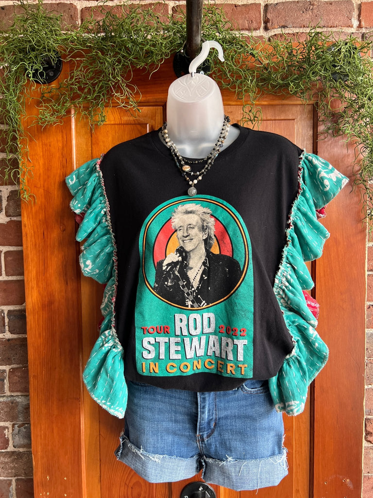 Rod Stewart upcycled Kantha ruffle sleeve festival tee - Main Street Threads