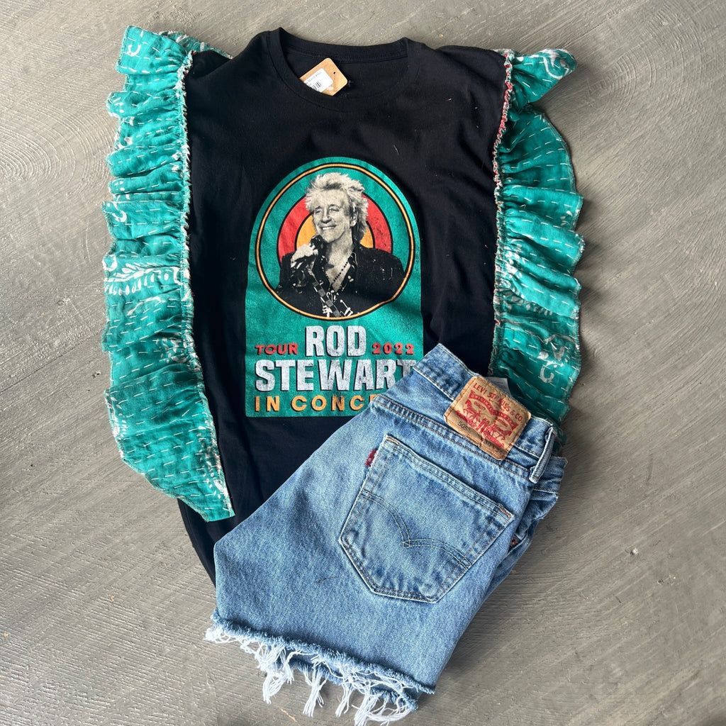 Rod Stewart upcycled Kantha ruffle sleeve festival tee - Main Street Threads