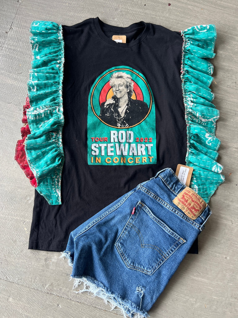 Rod Stewart upcycled Kantha ruffle sleeve festival tee - Main Street Threads