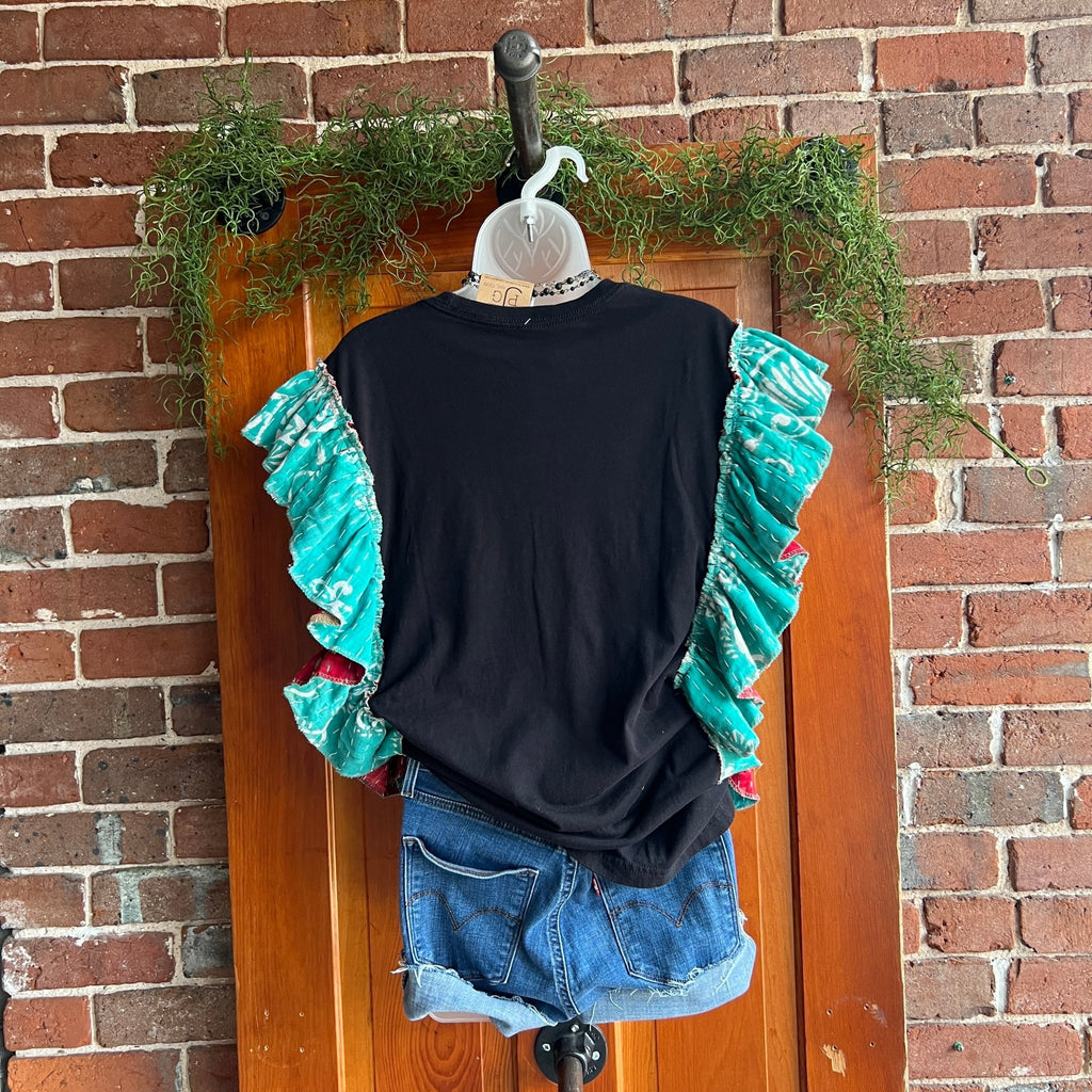 Rod Stewart upcycled Kantha ruffle sleeve festival tee - Main Street Threads