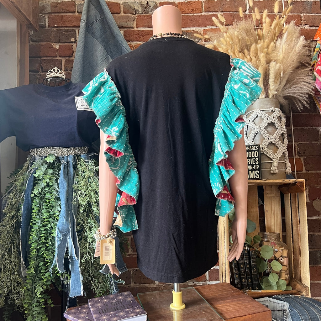 Rod Stewart upcycled Kantha ruffle sleeve festival tee - Main Street Threads