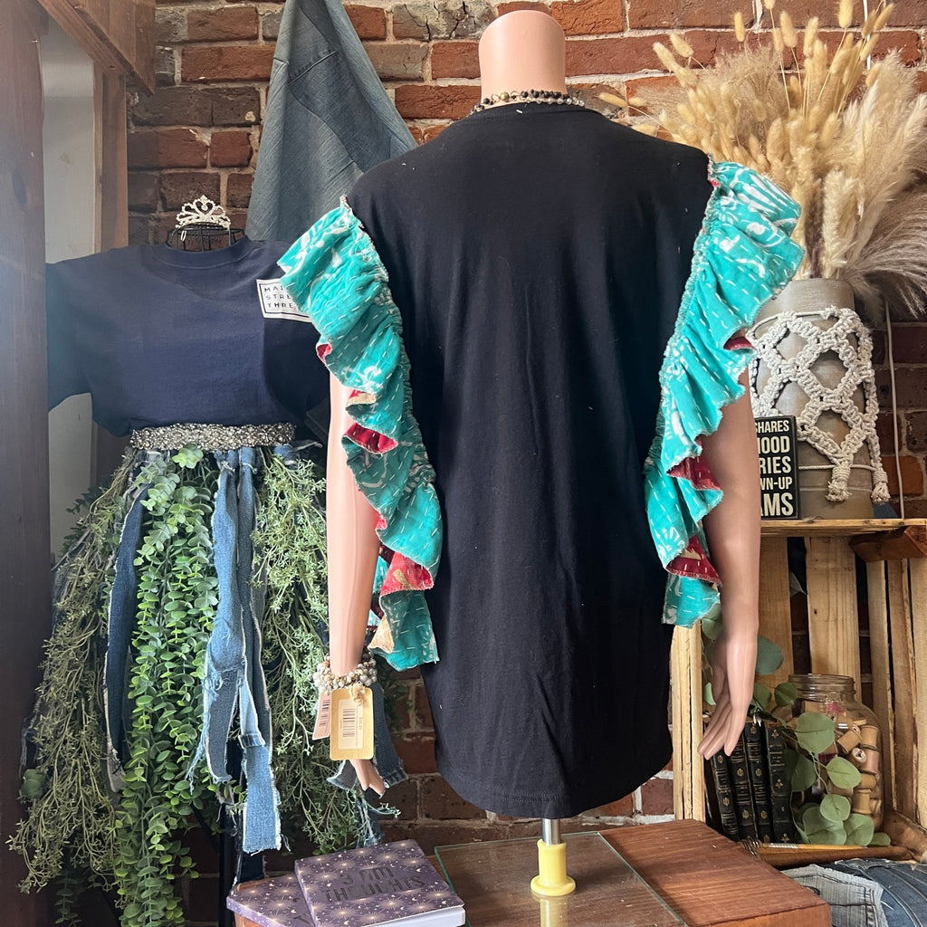 Rod Stewart upcycled Kantha ruffle sleeve festival tee - Main Street Threads