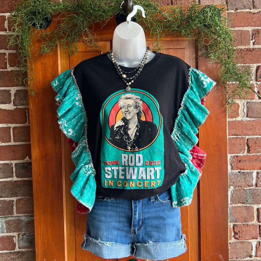 Rod Stewart upcycled Kantha ruffle sleeve festival tee - Main Street Threads