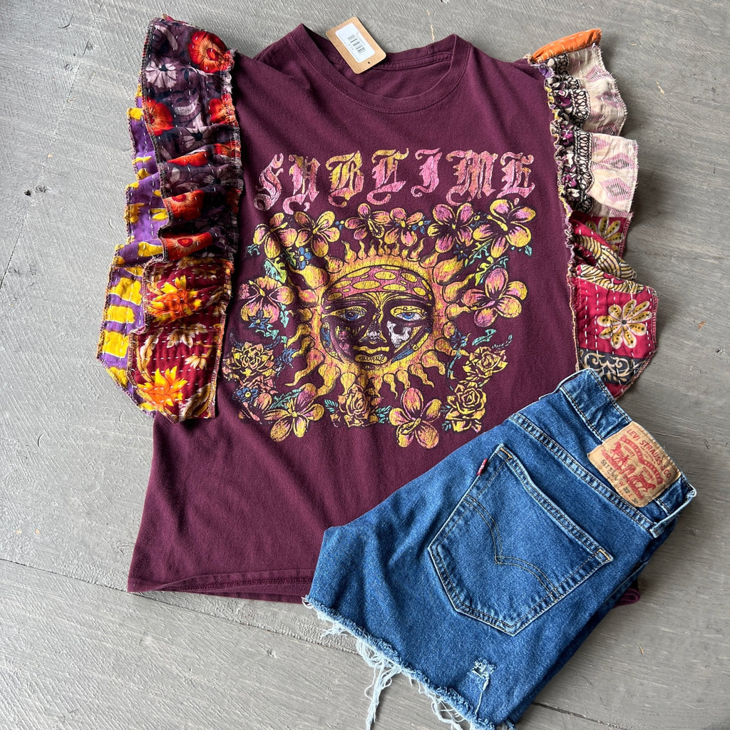 Sublime upcycled Kantha ruffle sleeve festival tee - Main Street Threads