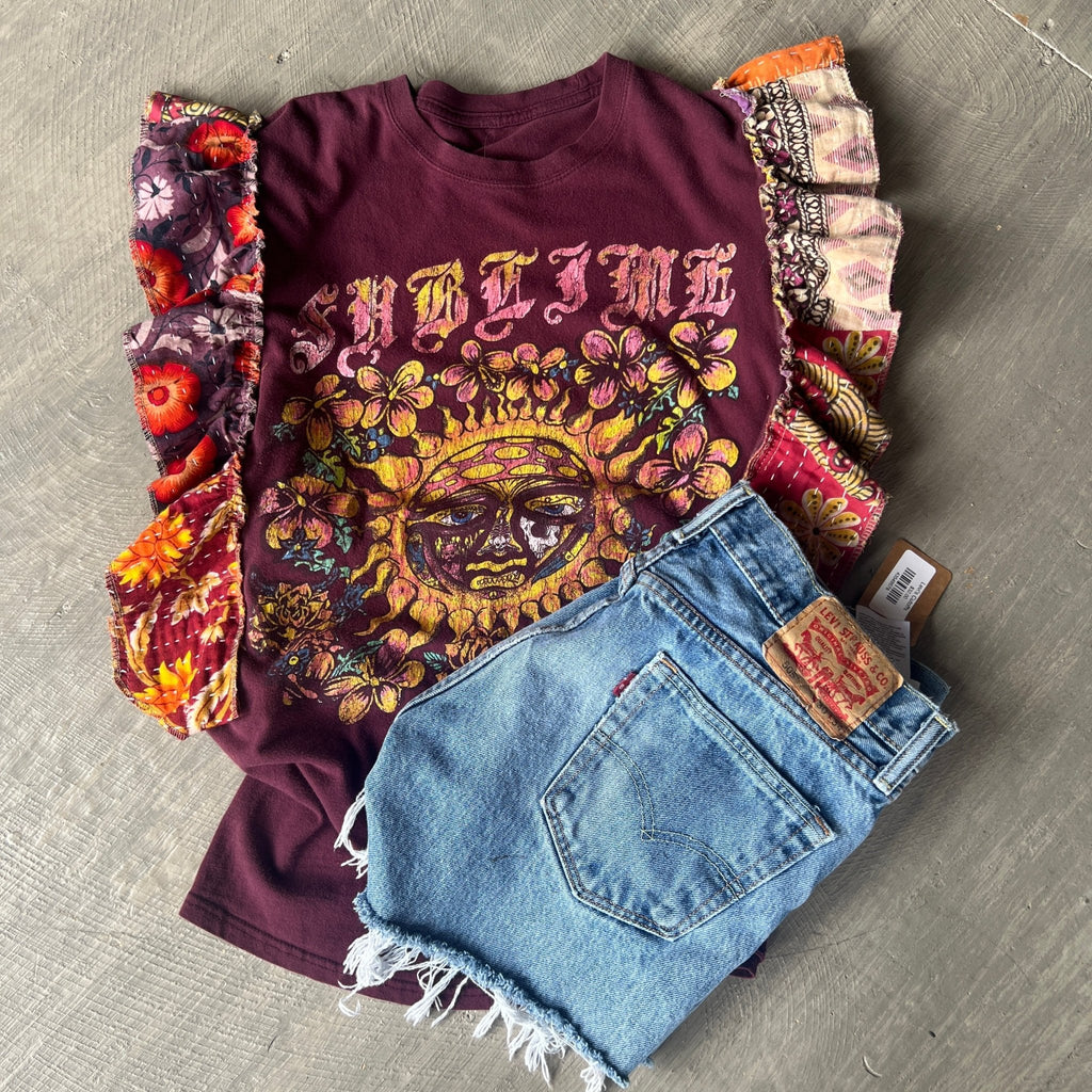 Sublime upcycled Kantha ruffle sleeve festival tee - Main Street Threads