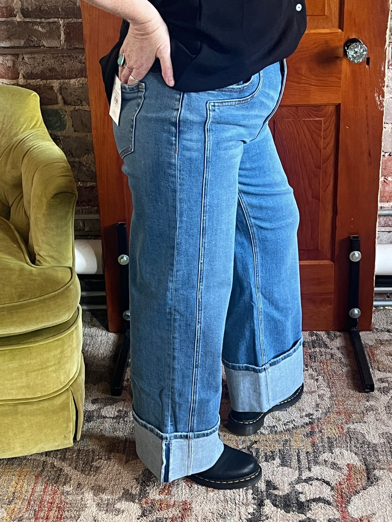 SUPER HIGH RISE CUFFED BAGGY WIDE JEANS by Flying Monkey - Main Street Threads