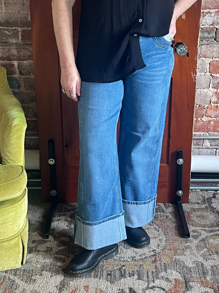 SUPER HIGH RISE CUFFED BAGGY WIDE JEANS by Flying Monkey - Main Street Threads
