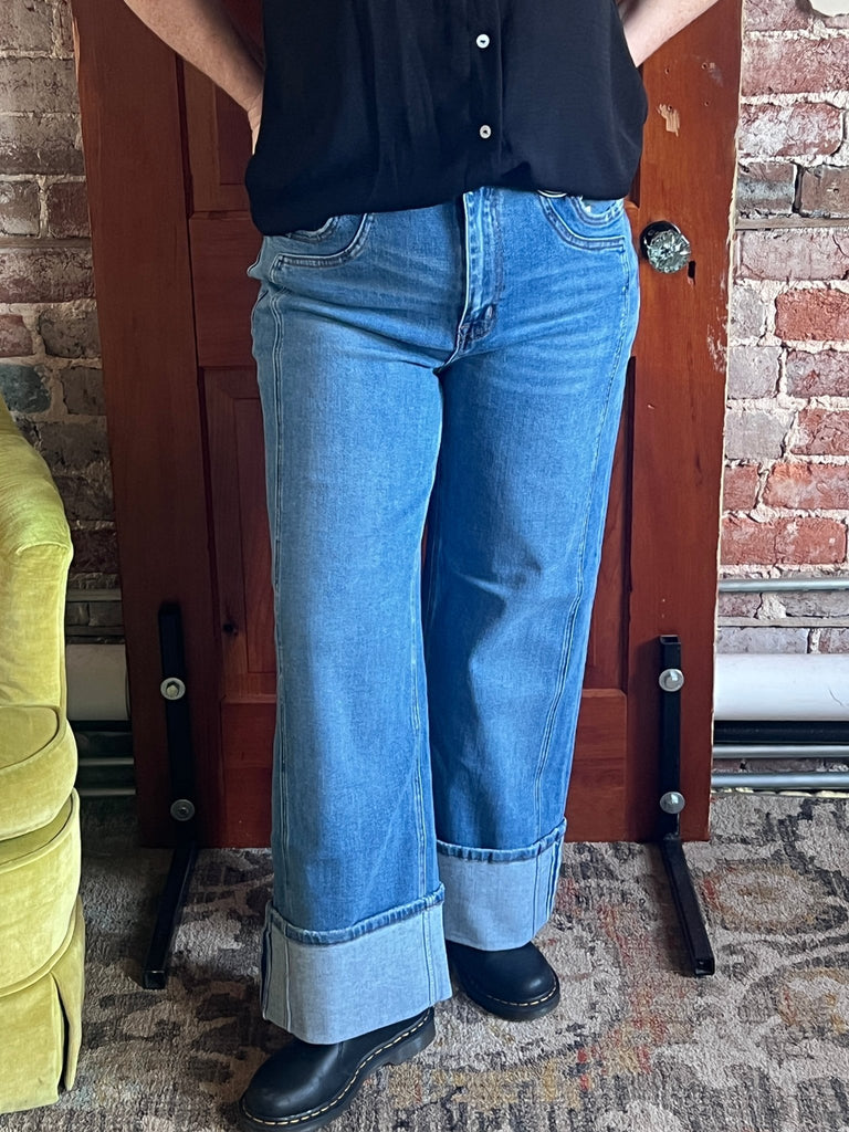 SUPER HIGH RISE CUFFED BAGGY WIDE JEANS by Flying Monkey - Main Street Threads