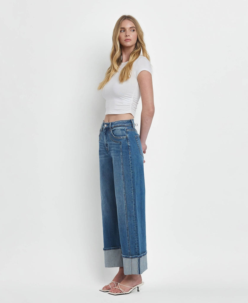 SUPER HIGH RISE CUFFED BAGGY WIDE JEANS by Flying Monkey - Main Street Threads