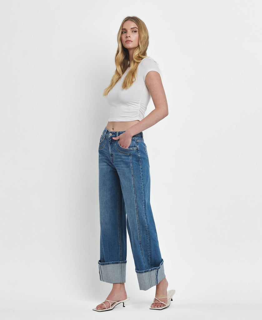 SUPER HIGH RISE CUFFED BAGGY WIDE JEANS by Flying Monkey - Main Street Threads