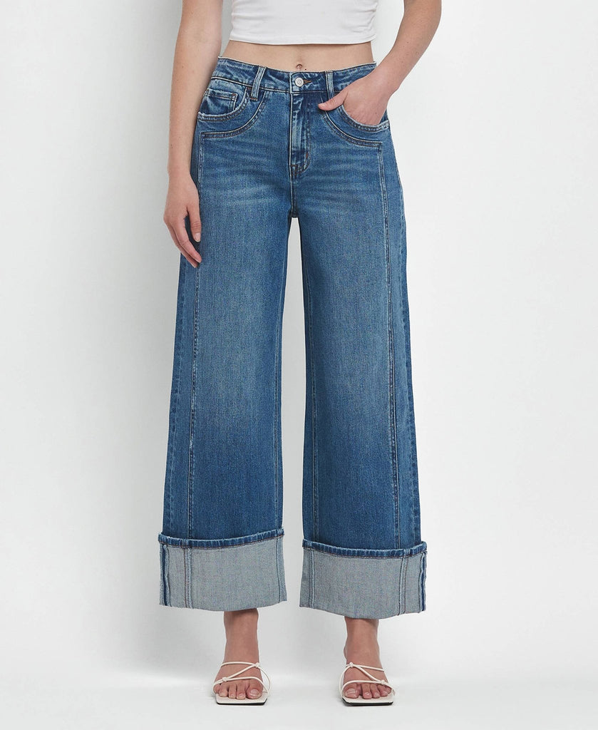SUPER HIGH RISE CUFFED BAGGY WIDE JEANS by Flying Monkey - Main Street Threads