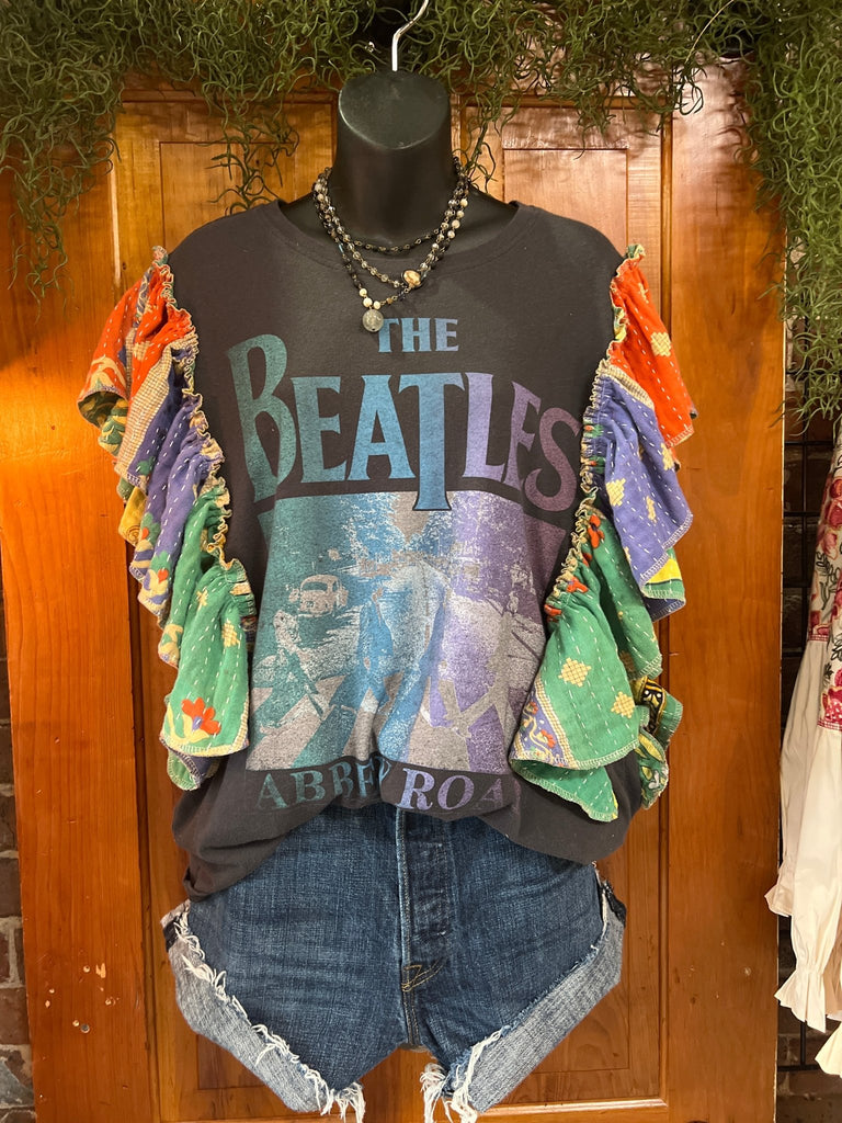 THE BEATLES ABBEY ROAD ruffle sleeves kantha tee - Main Street Threads
