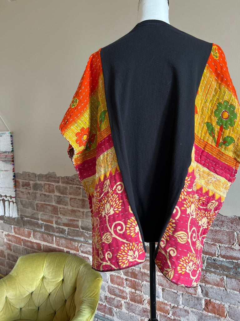 The Beatles - orange flower - Kantha poncho - Main Street Threads