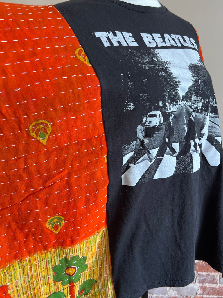 The Beatles - orange flower - Kantha poncho - Main Street Threads