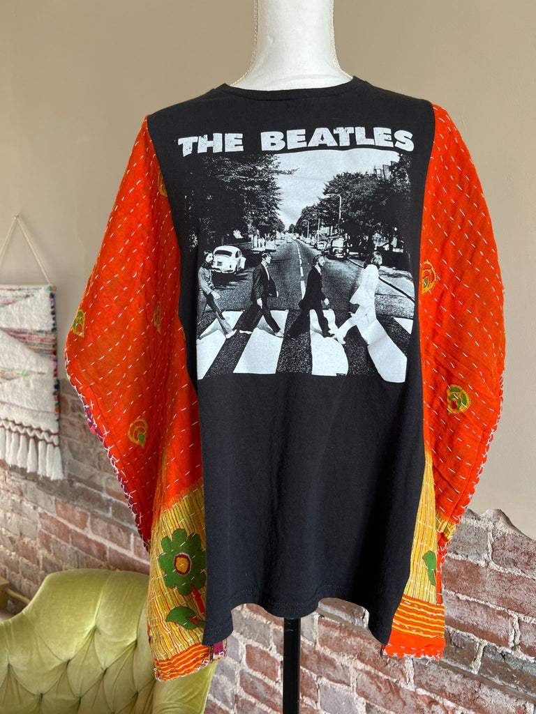 The Beatles - orange flower - Kantha poncho - Main Street Threads