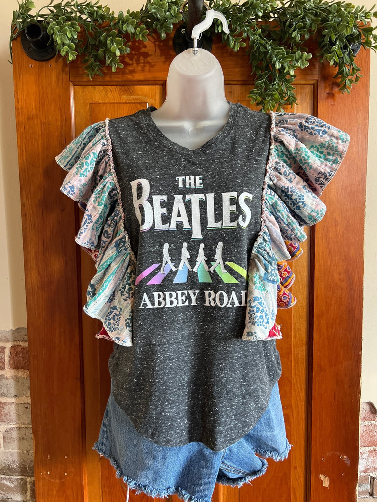 The Beatles v - neck with kantha ruffle sleeves festival tee - Main Street Threads
