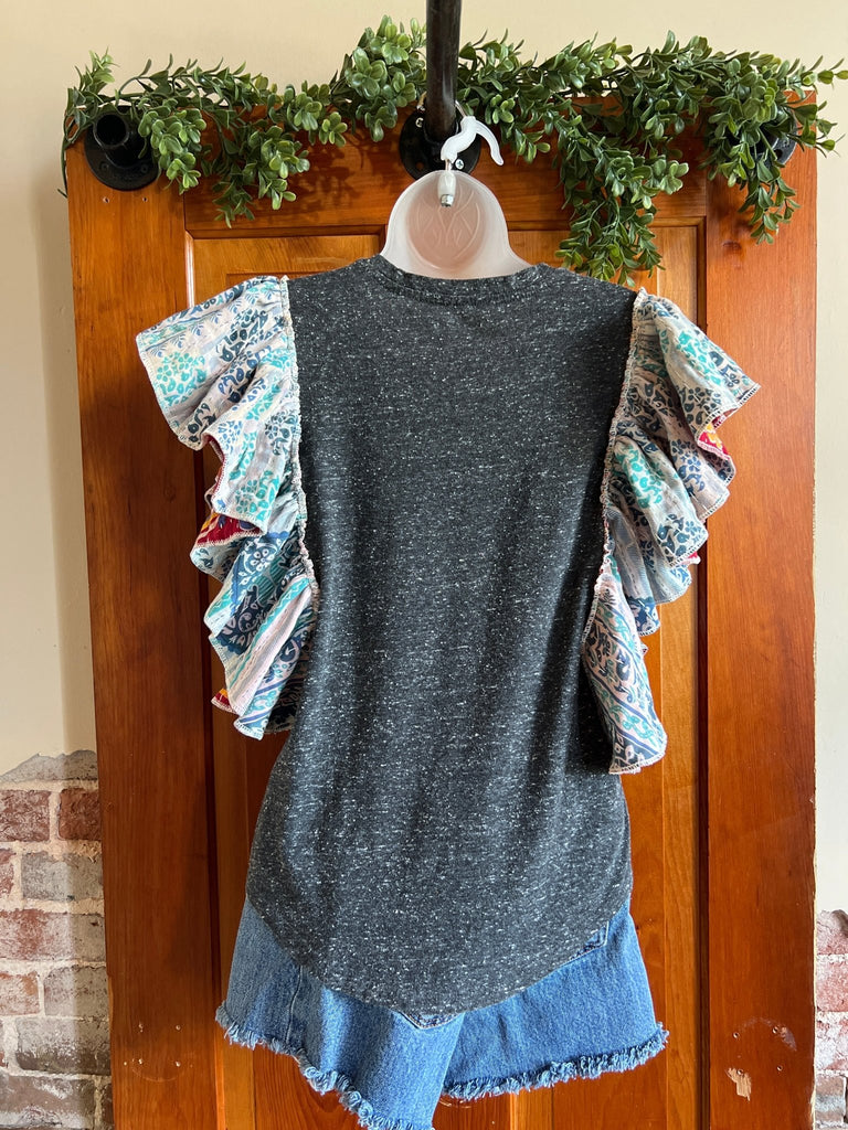 The Beatles v - neck with kantha ruffle sleeves festival tee - Main Street Threads