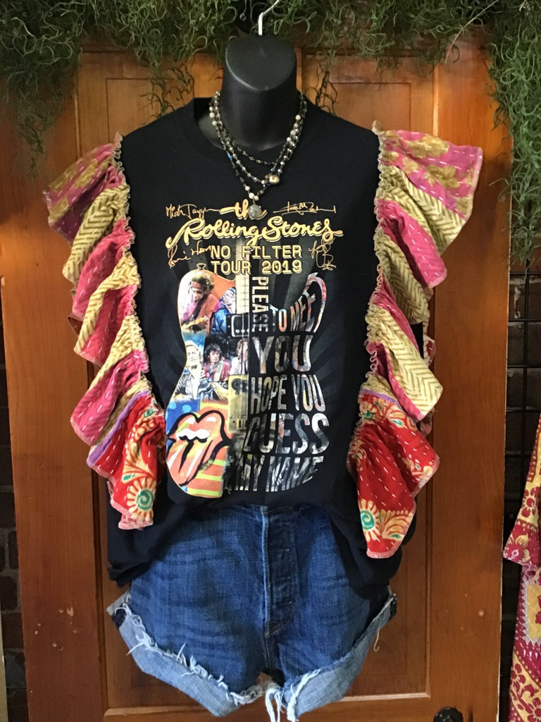 The GUITAR Rolling Stones ruffle sleeves kantha tee - Main Street Threads
