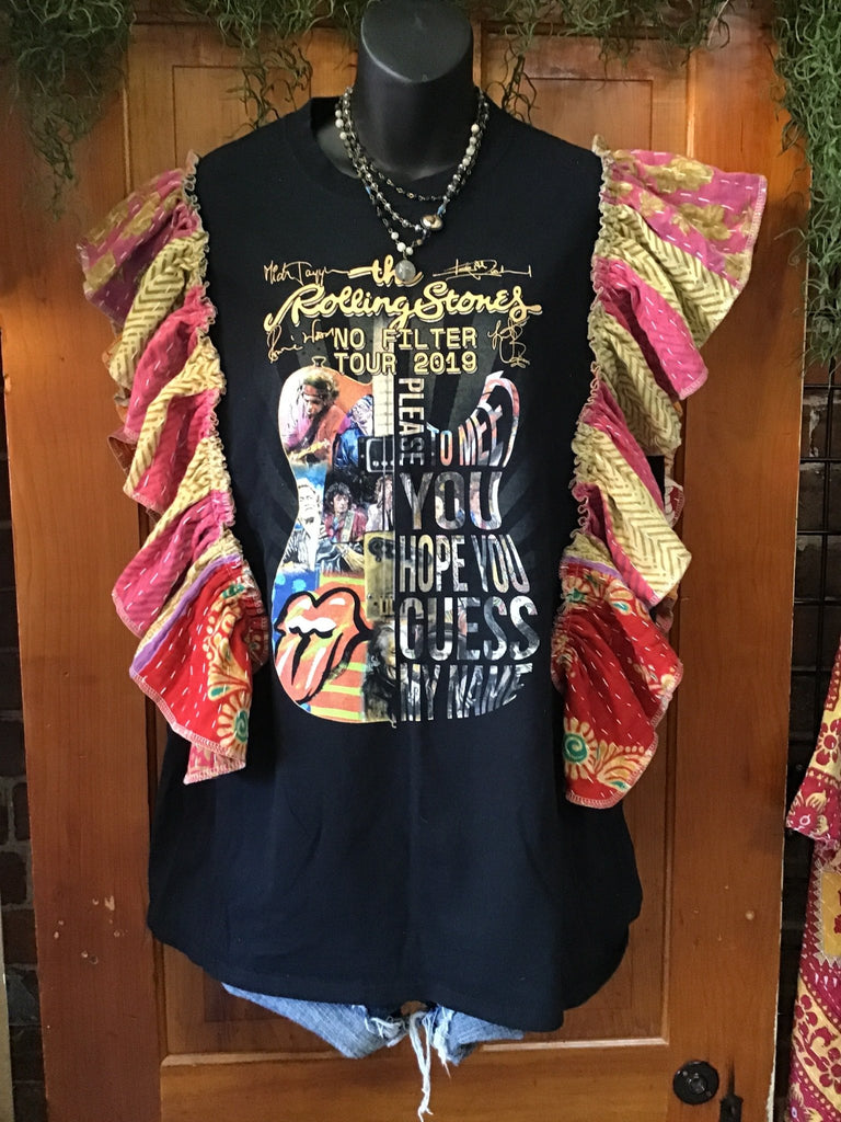 The GUITAR Rolling Stones ruffle sleeves kantha tee - Main Street Threads