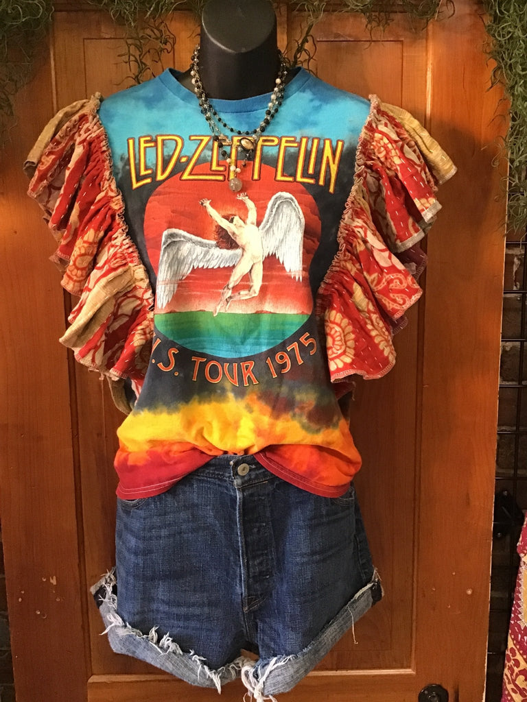 Tie Dye Zeppelin ruffle sleeves kantha tee - Main Street Threads