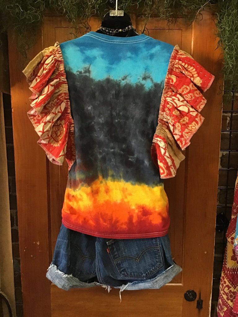 Tie Dye Zeppelin ruffle sleeves kantha tee - Main Street Threads