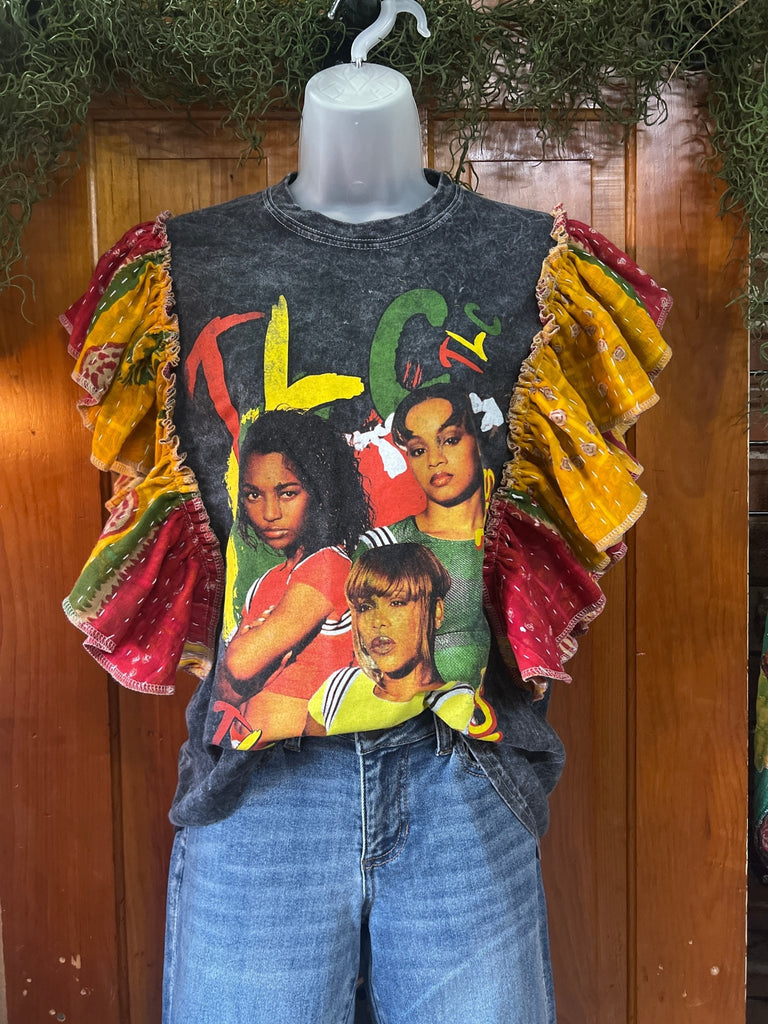 TLC SCRUBS ruffle sleeves kantha tee - Main Street Threads