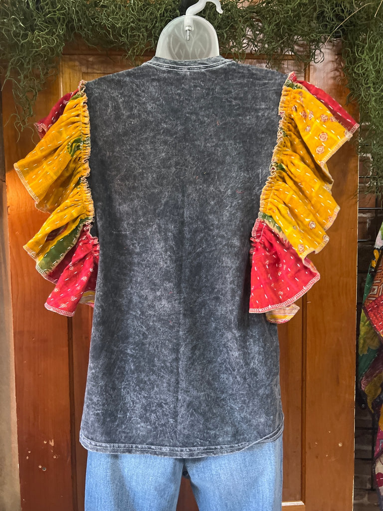 TLC SCRUBS ruffle sleeves kantha tee - Main Street Threads