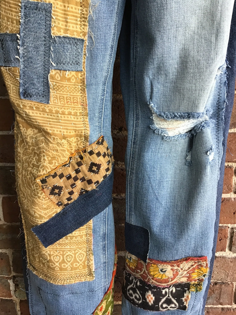Upcycled Distressed Jeans with kantha panels & patches size 11 - Main Street Threads