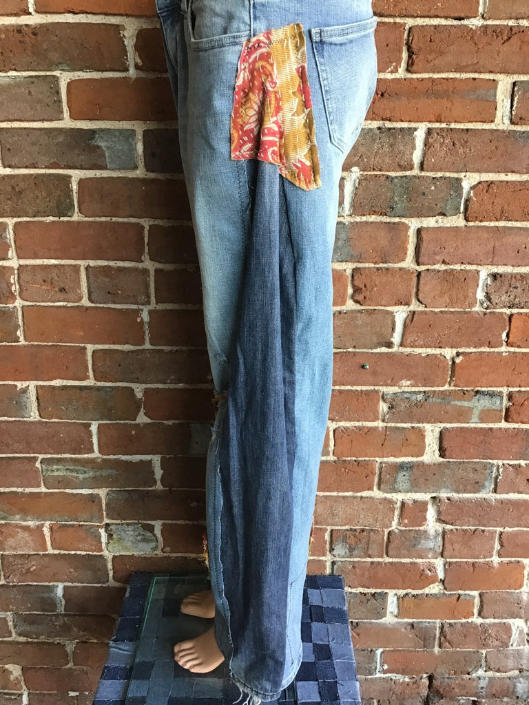Upcycled Distressed Jeans with kantha panels & patches size 11 - Main Street Threads