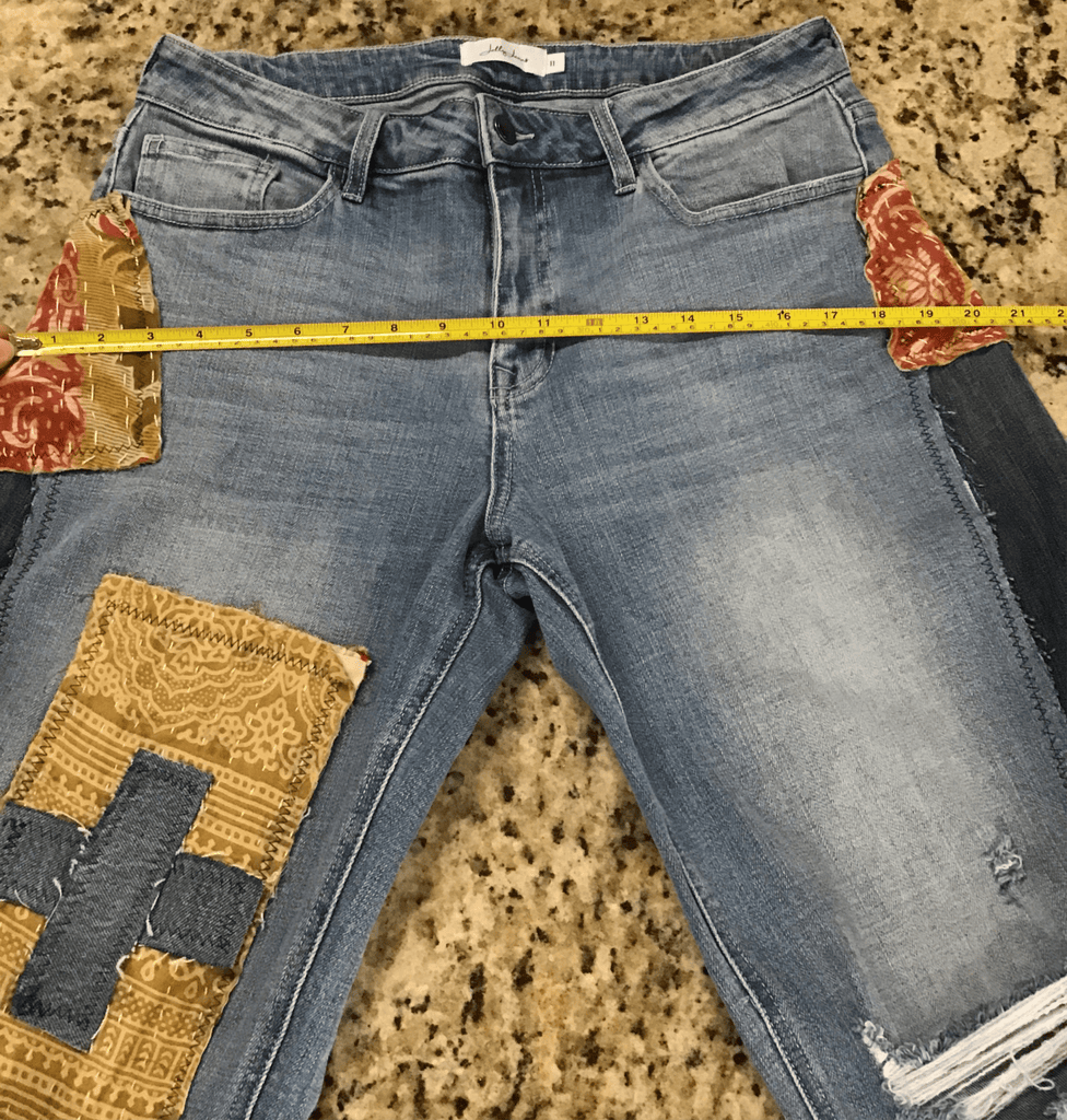Upcycled Distressed Jeans with kantha panels & patches size 11 - Main Street Threads
