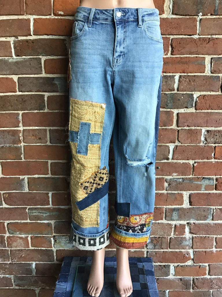 Upcycled Distressed Jeans with kantha panels & patches size 11 - Main Street Threads