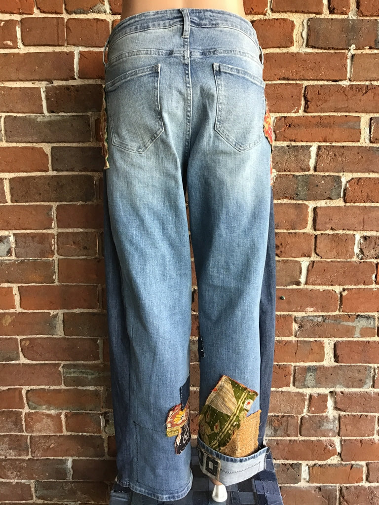 Upcycled Distressed Jeans with kantha panels & patches size 11 - Main Street Threads