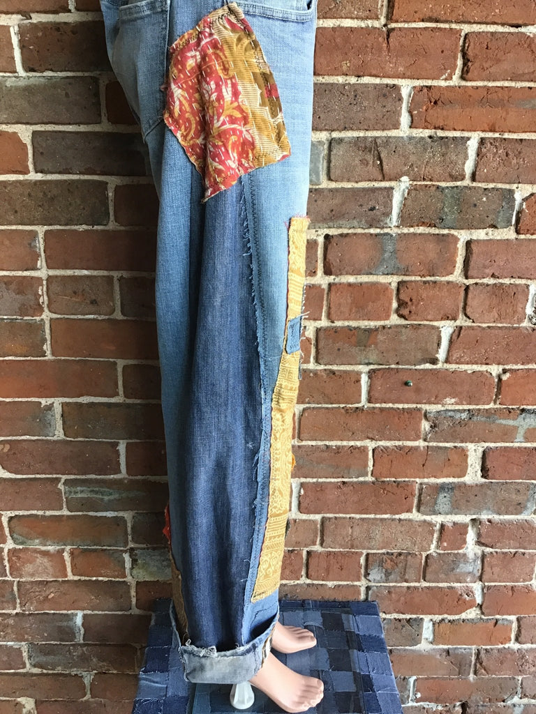 Upcycled Distressed Jeans with kantha panels & patches size 11 - Main Street Threads