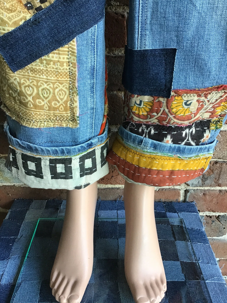 Upcycled Distressed Jeans with kantha panels & patches size 11 - Main Street Threads