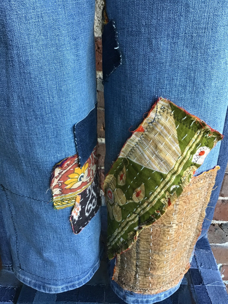 Upcycled Distressed Jeans with kantha panels & patches size 11 - Main Street Threads