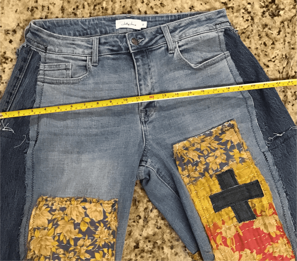 Upcycled Jeans with kantha panels & patches size 11 - Main Street Threads