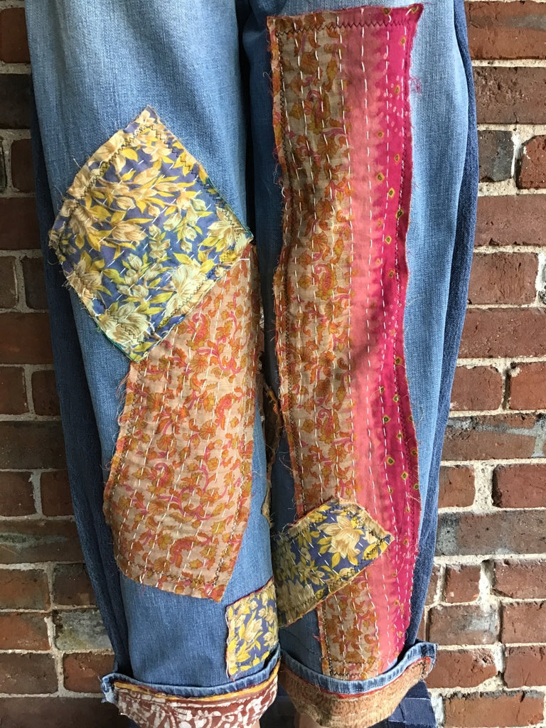 Upcycled Jeans with kantha panels & patches size 11 - Main Street Threads