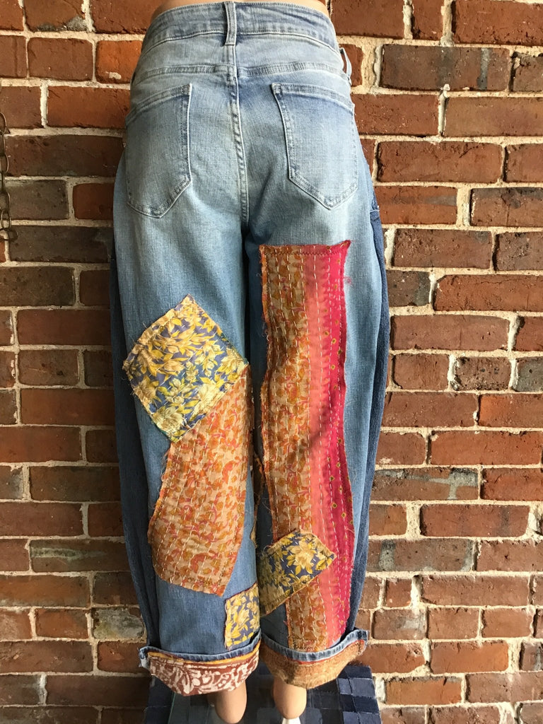 Upcycled Jeans with kantha panels & patches size 11 - Main Street Threads