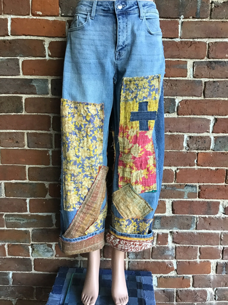 Upcycled Jeans with kantha panels & patches size 11 - Main Street Threads
