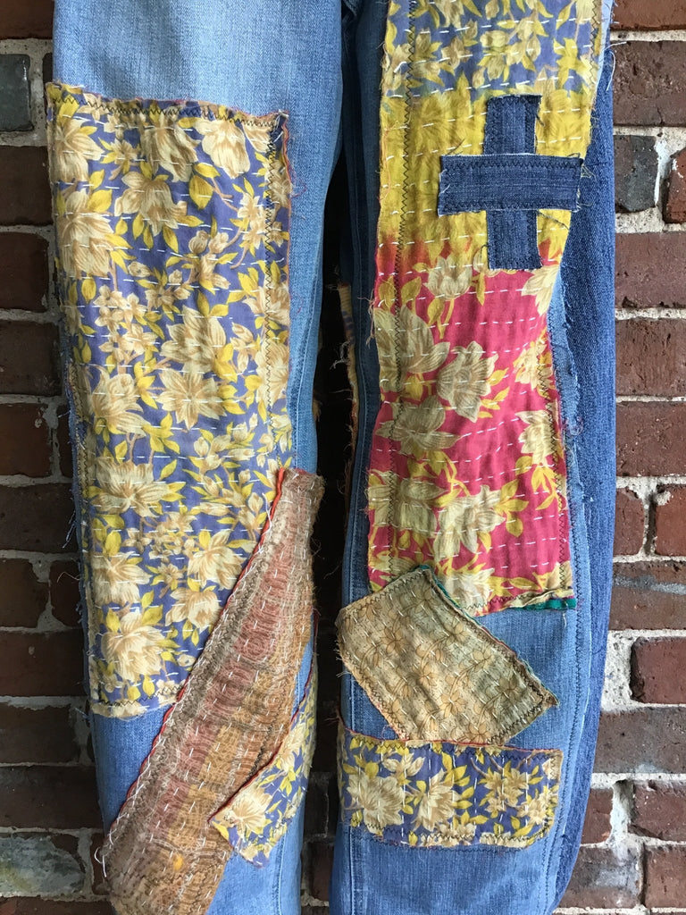 Upcycled Jeans with kantha panels & patches size 11 - Main Street Threads