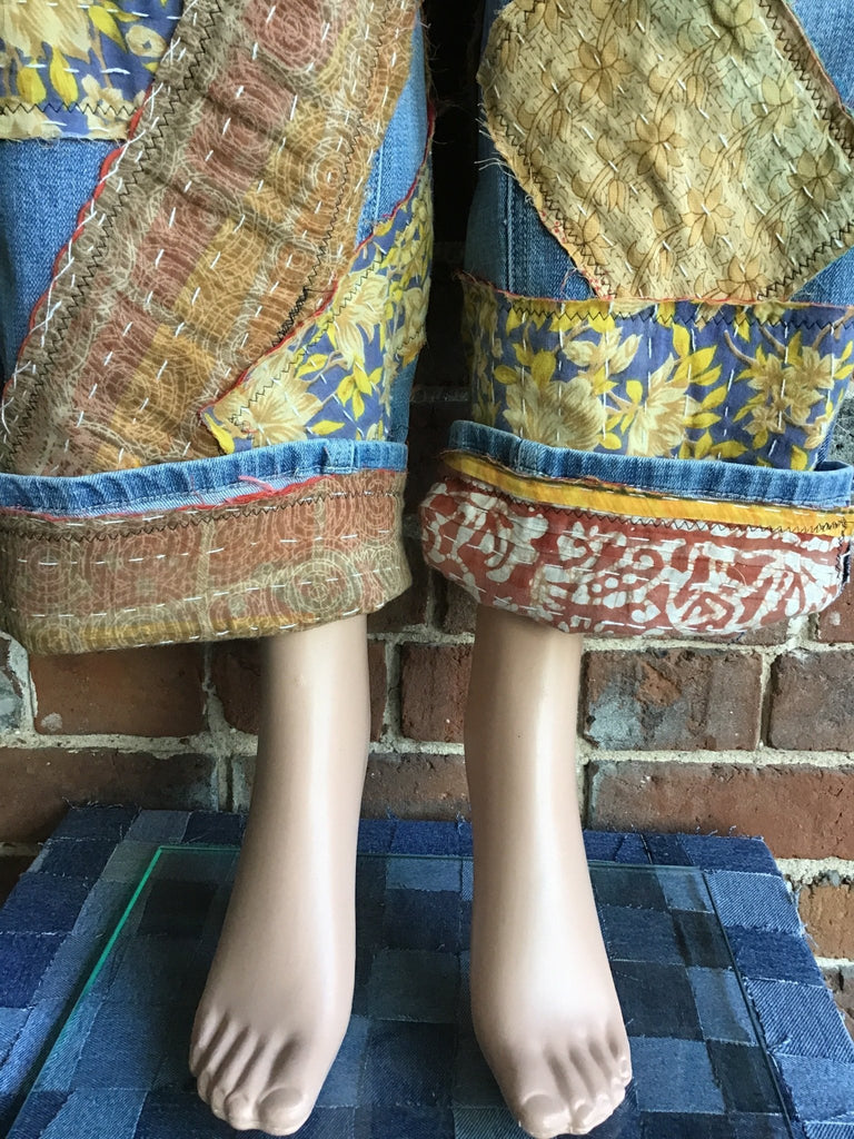 Upcycled Jeans with kantha panels & patches size 11 - Main Street Threads