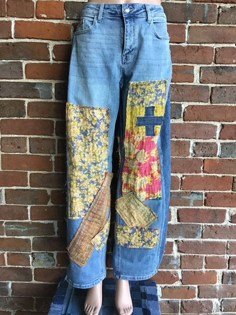 Upcycled Jeans with kantha panels & patches size 11 - Main Street Threads