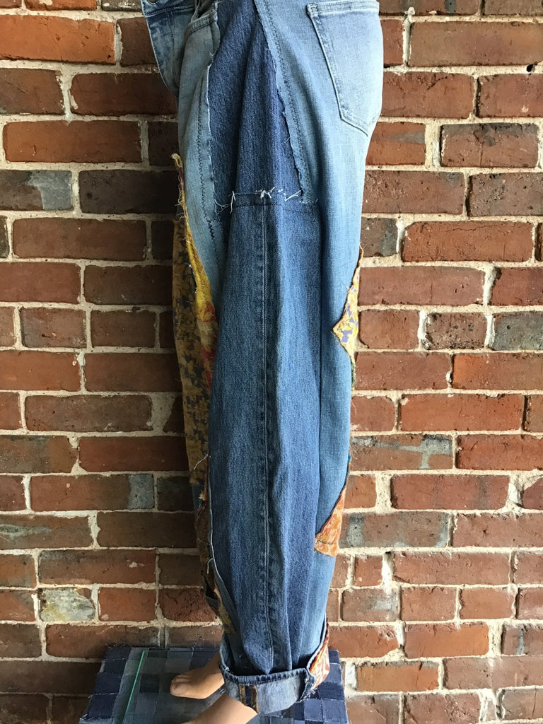 Upcycled Jeans with kantha panels & patches size 11 - Main Street Threads